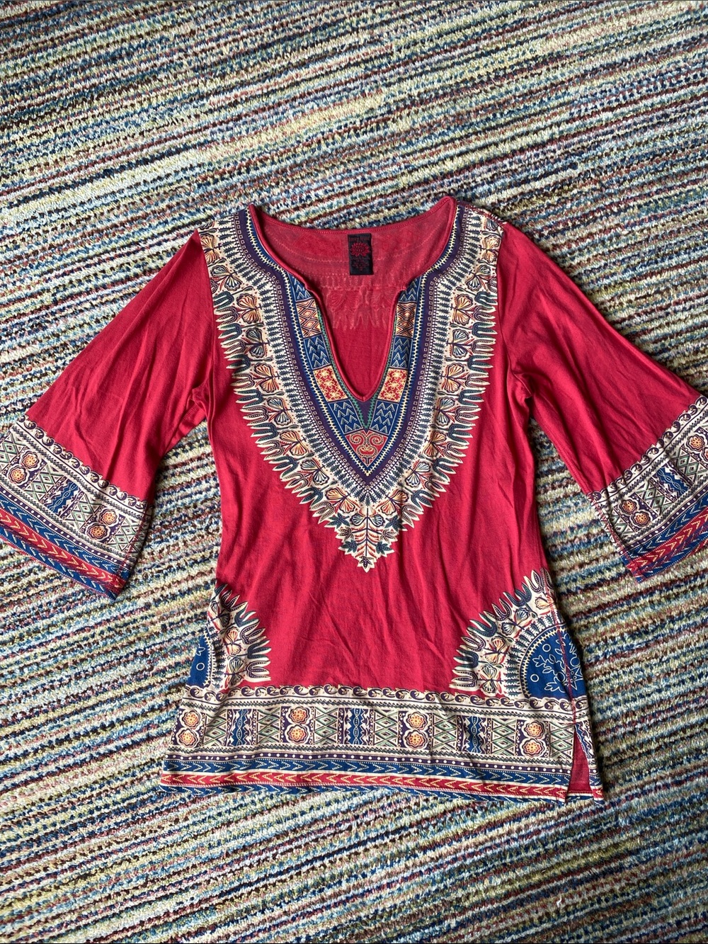 Lucky Brand Red V-Neck Boho Tunic Dashiki with Multicolor Tribal Trim M